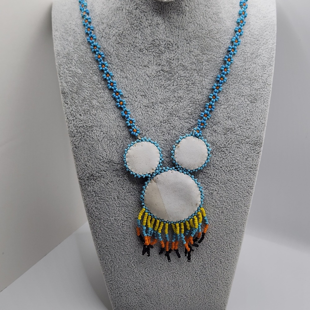 Native‎ Handmade Beaded Bird Necklace Folk Art Seed Bead Boho Fringed Blue - Picture 3 of 6